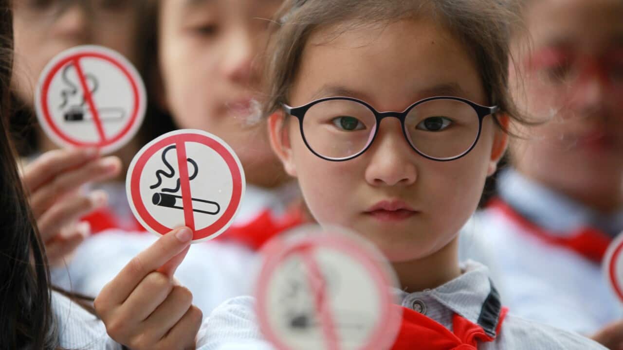 Primary school students show 'no smoking' signs to support the World No Tobacco Day on May 30, 2019 in Yangzhou, Jiangsu Province of China.
