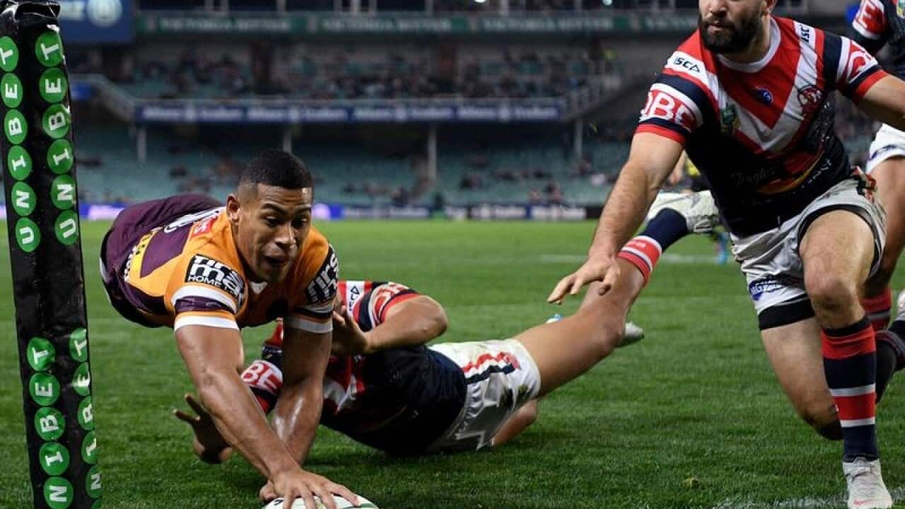 Brisbane star Jamayne Isaako scores a try