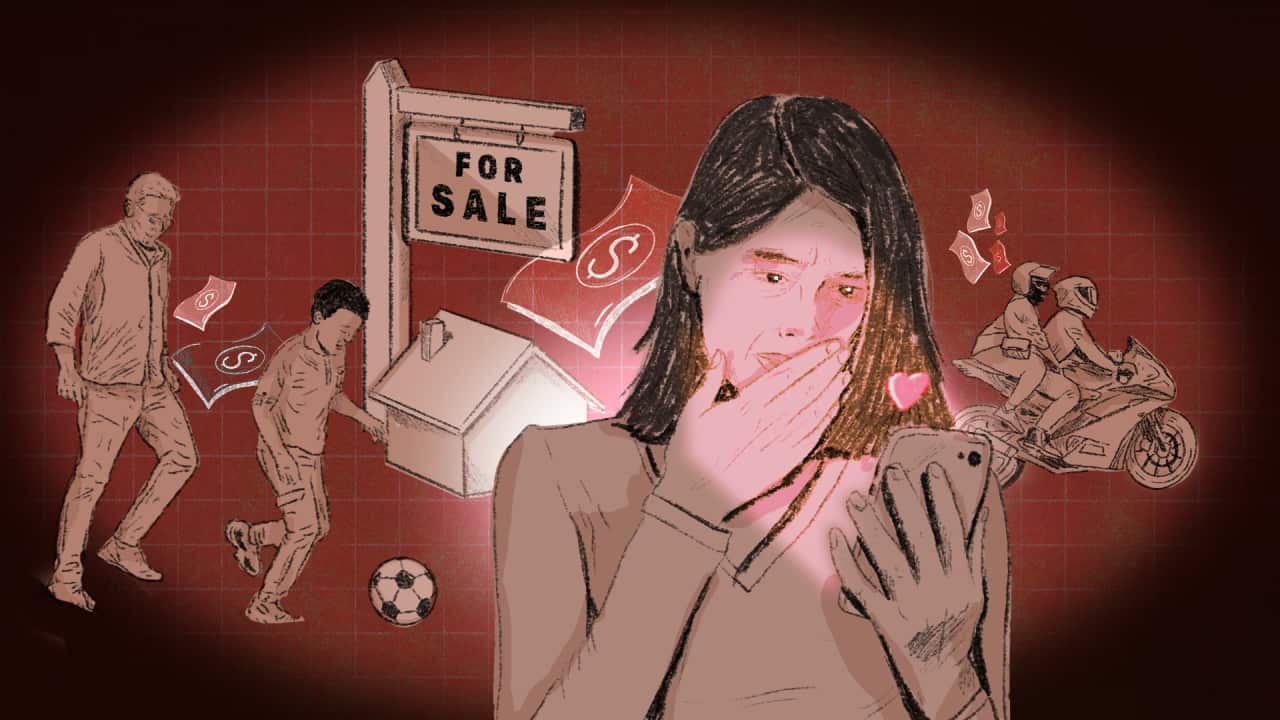 An illustration depicts a distressed woman looking at her phone, surrounded by a "For Sale" sign and a house, money, two people riding a motorcycle, and a young boy and a man playing soccer.