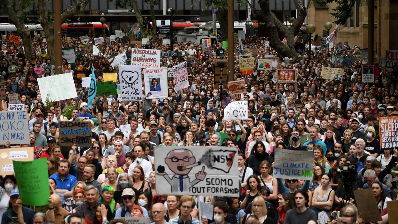 Protesters rally during the "NSW is Burning, Sydney is Choking" Climate Emergency Rally organised by Uni Students for Climate Justice in Sydney, Wednesday, December 11, 2019. (AAP Image/Dan Himbrechts) NO ARCHIVING