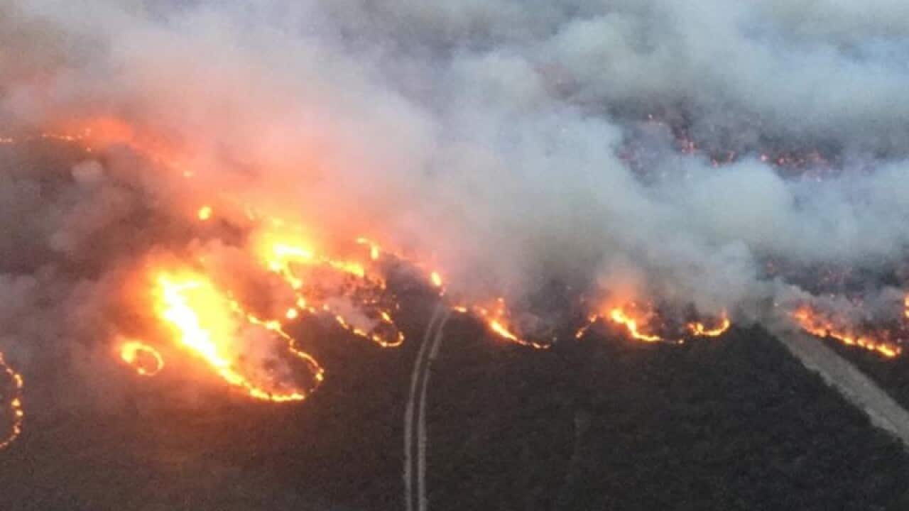 A view of the Rosedale firefront from a firefighting helicopter