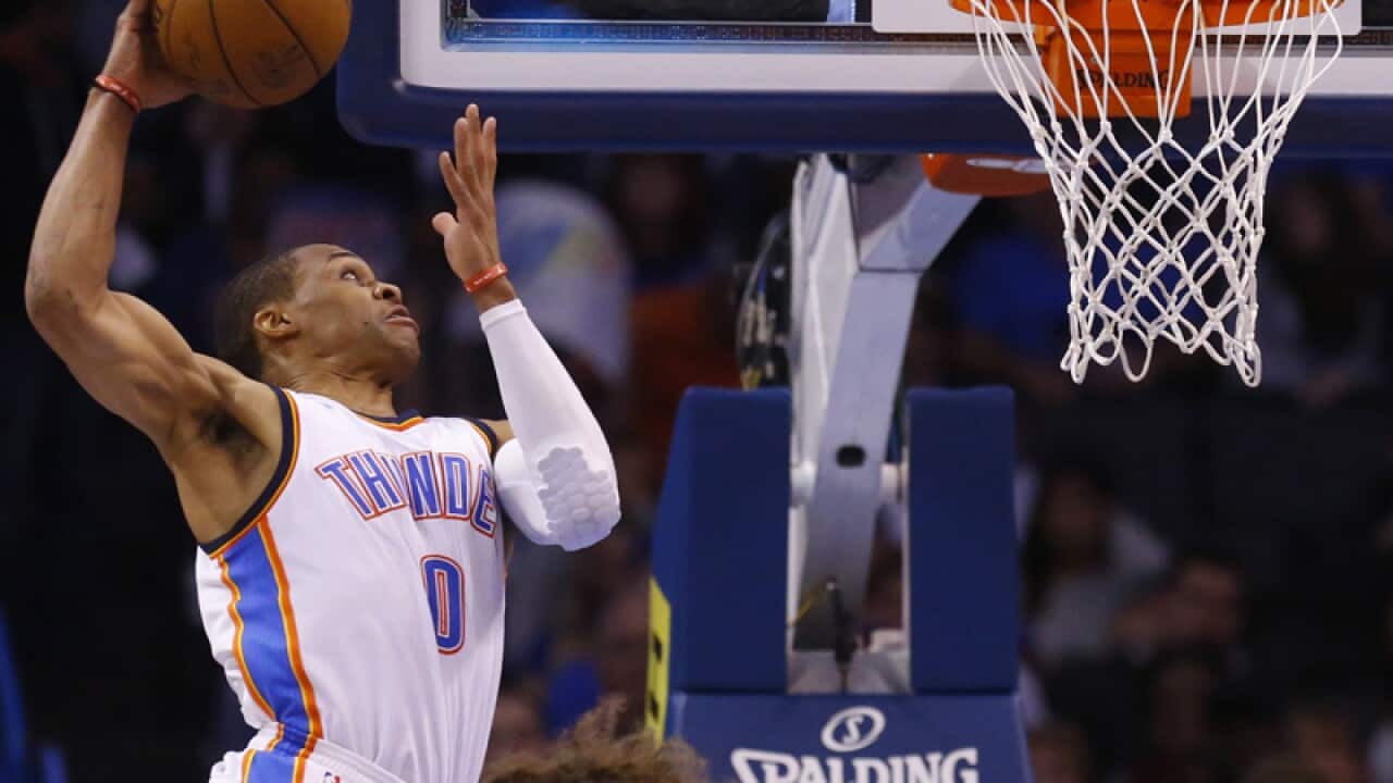 Oklahoma City Thunder's Russell Westbrook goes up for a shot