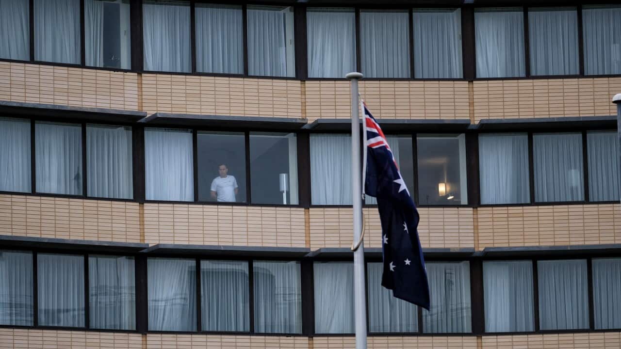 A hotel guest is seen at the Holiday Inn at Melbourne Airport, Monday, February 8, 2021.