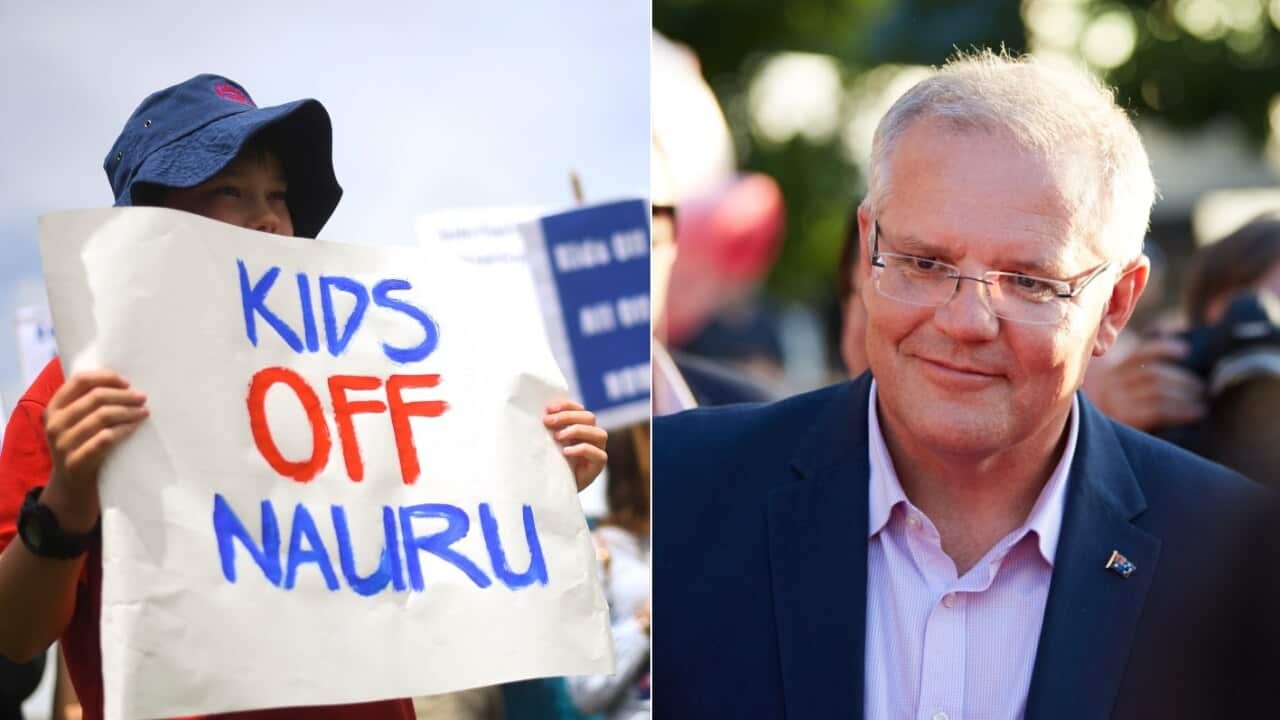 File: Protesters hold up signs during a rally demanding the resettlement of kids held on Nauru outside Parliament House (L) and PM Scott Morrison