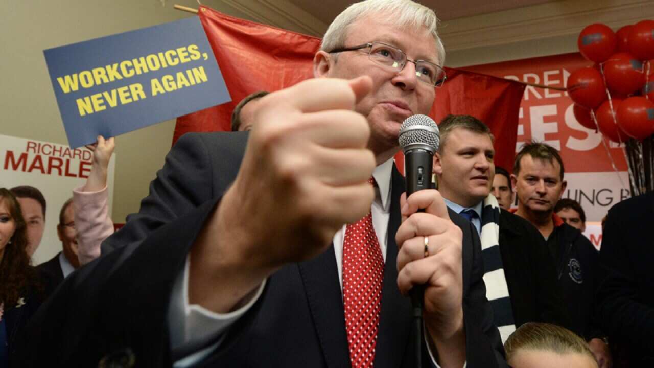 Prime Minister Kevin Rudd speaks to workers in Geelong
