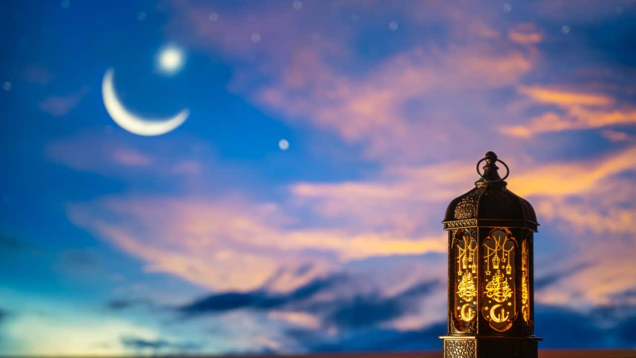 ramadan background. Ramadan Kareem Concept Beautiful Arabic Lantern with Blur Mosque and Crescent Moon Background