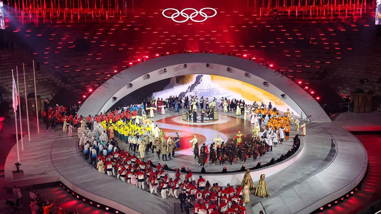 Athletes parade during the Closing Ceremony of the Olympic Winter Games Milano-Cortina 2026,on February 22, 2026 at Arena di Verona in Verona, Italy
