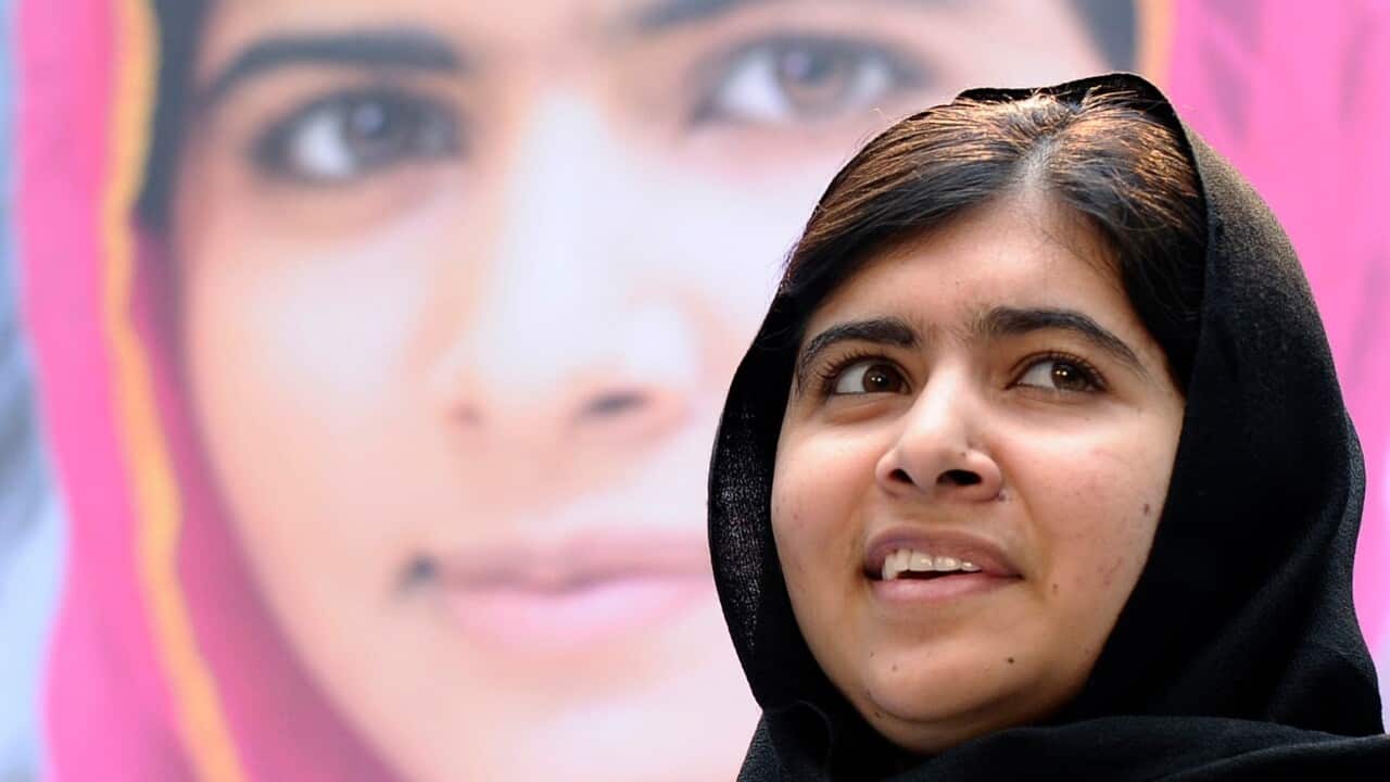 2013 file photo of Malala Yousafzai speaking about her fight for girls' education on the International Day of the Girl