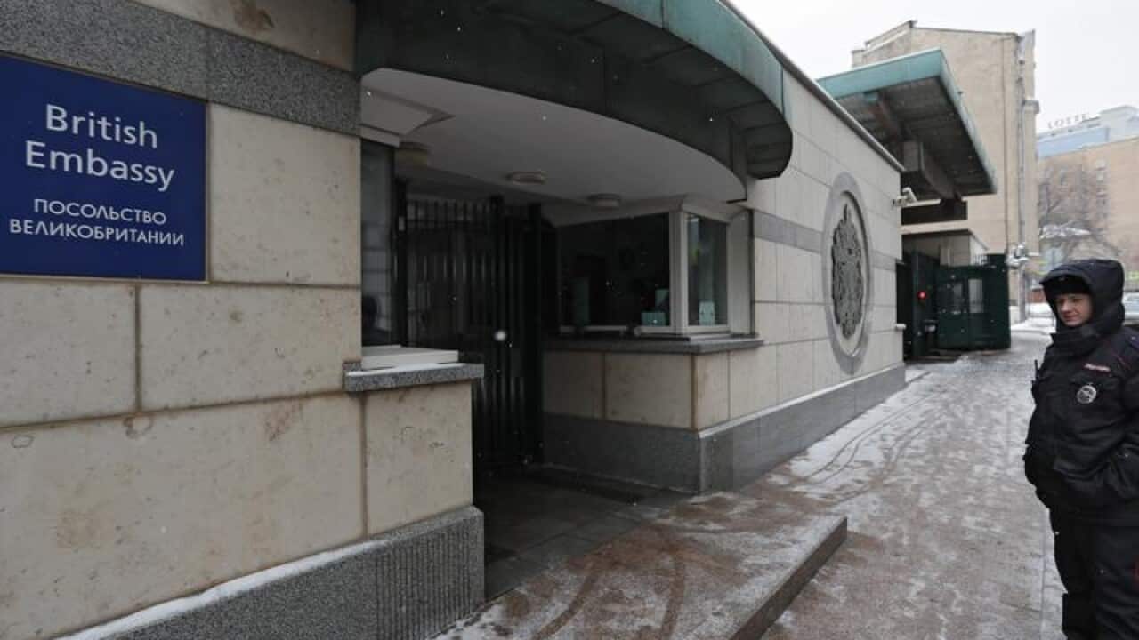 Russian policemen guards near British embassy in Moscow