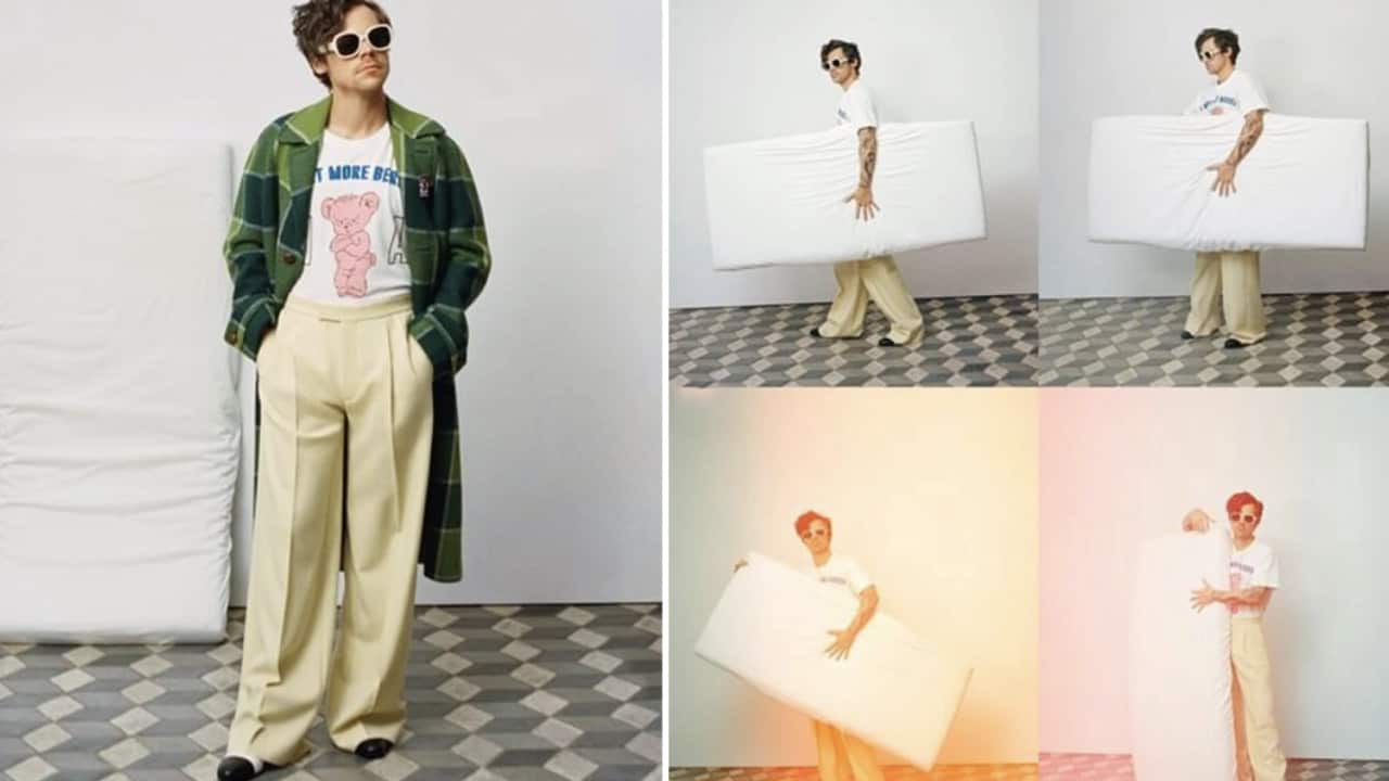 A man with a small matress beside him against the wall and composite images of him holding a small mattress