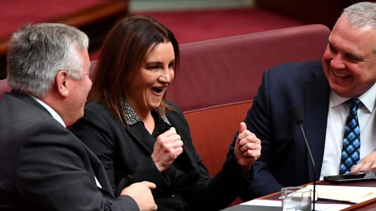 Senator Jacqui Lambie gives the thumbs up in the upper house.