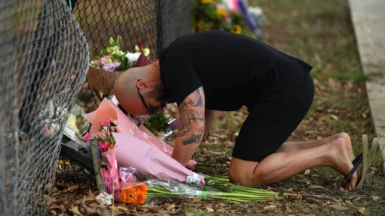 Man kneels near flowers.