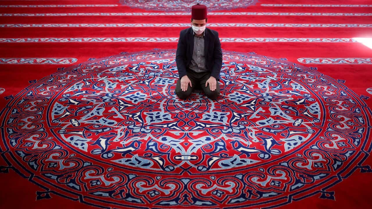 Prayers are performed by the Imam alone in this Sarajevo mosque without other believers