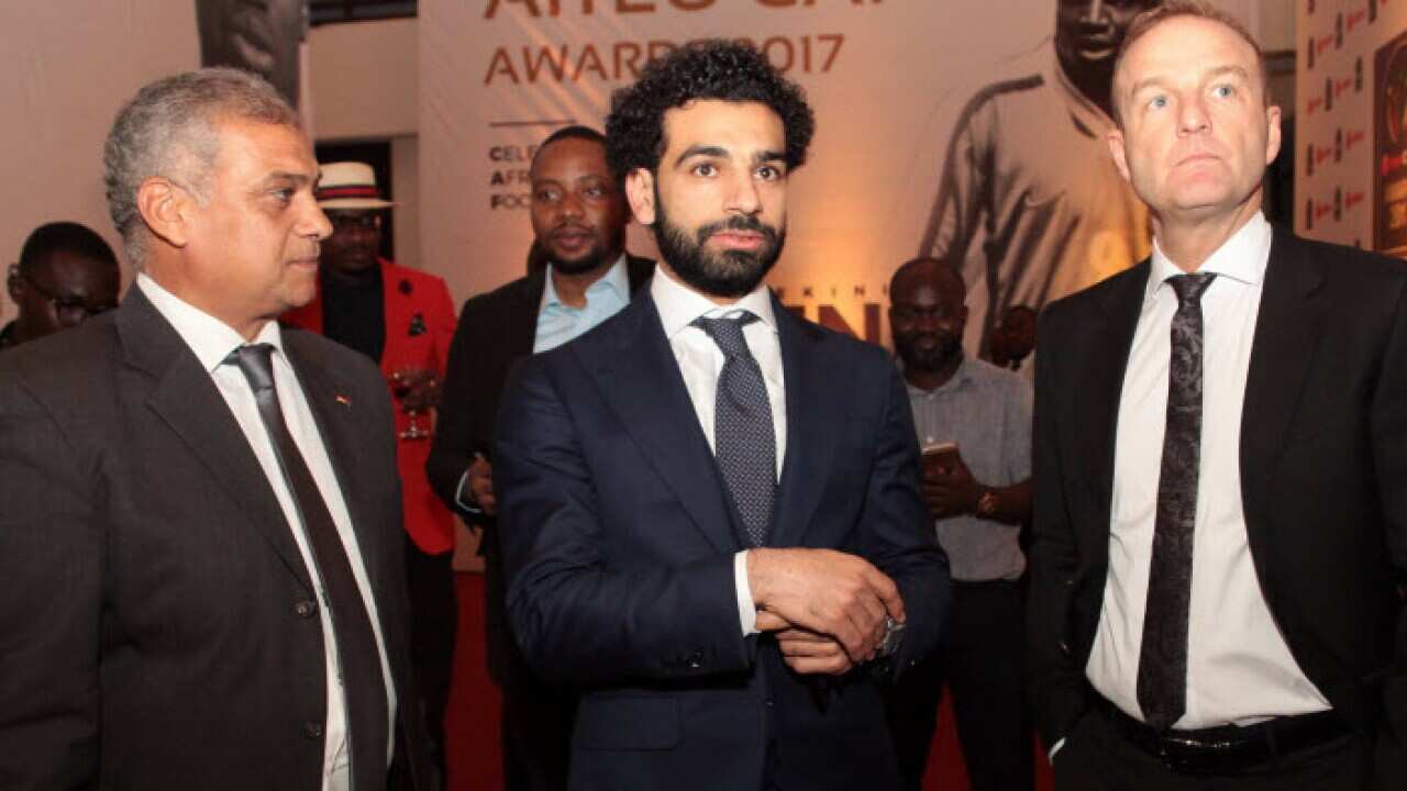 Mohamed Salah (C) of Egypt arrives for the annual CAF (Confederation of African Football) 2017 Awards Ceremony in Accra, Ghana, 04 January 2018.