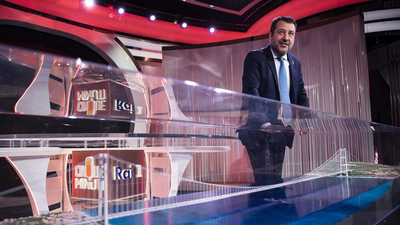 Italian Minister of Infrastructure and Transport, Matteo Salvini (R), shows the model of the bridge project over the Strait of Messina, during the RAI tv program 'Cinque minuti' (Five Minutes), hosted by Bruno Vespa, in Rome, Italy, 22 March 2023.