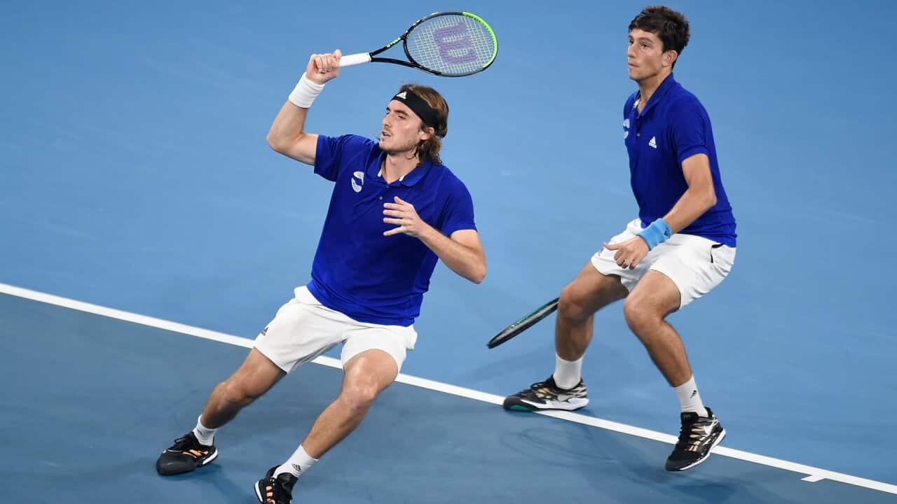 Stefanos Tsitsipas (left) and Michail Pervolarakis of Greece in action in their doubles match against Kevin Krawietz and Andreas Mies of Germany at the ATP Cup.
