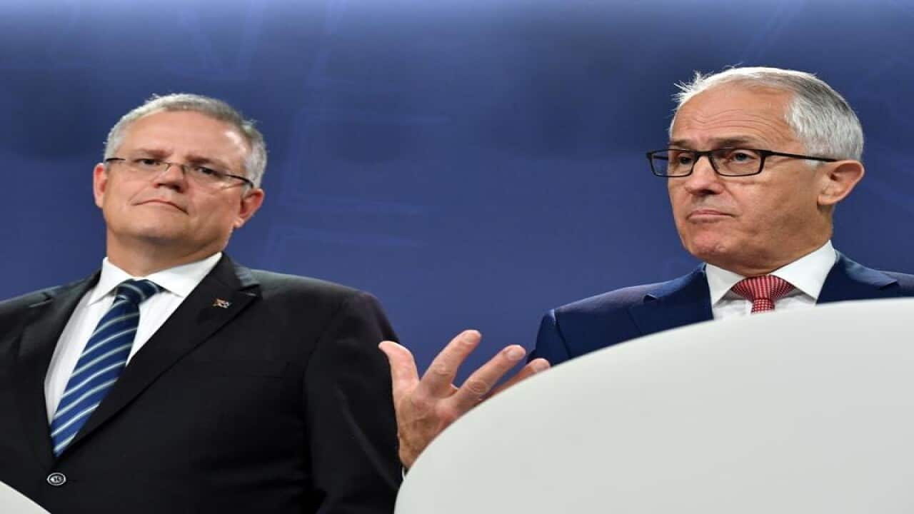 Scott Morrison and Malcolm Turnbull at a press conference.