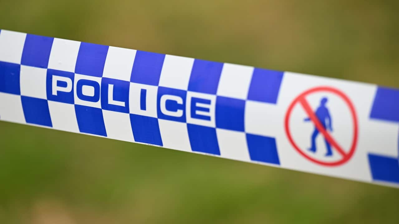 A row of blue and white police tape.