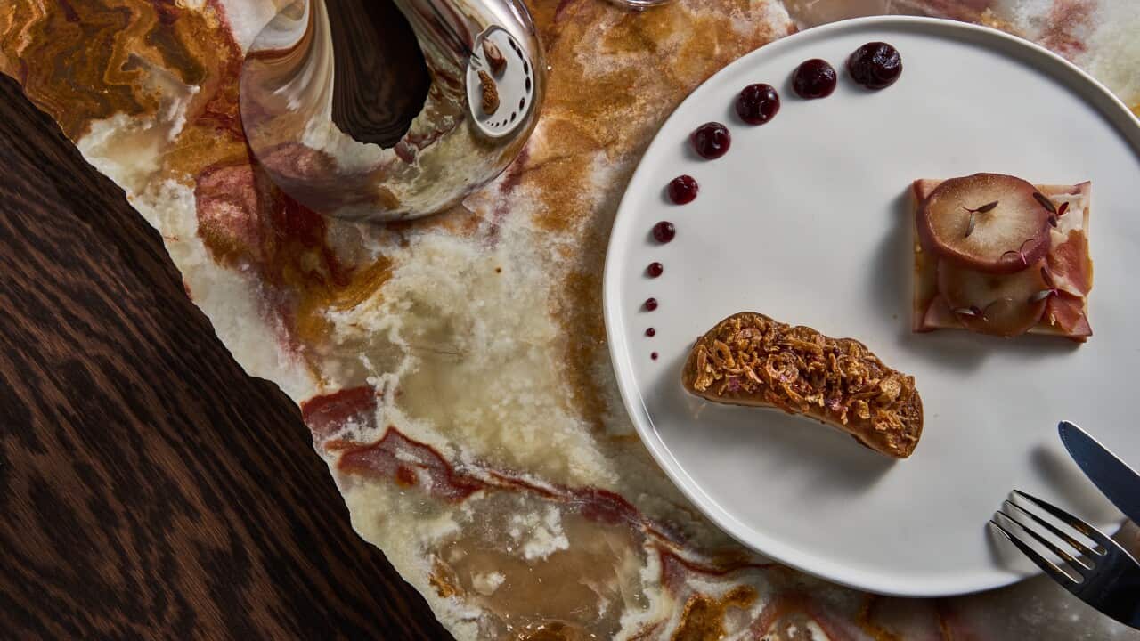 Forged gras, pickled pear, prosciutto, crispy shallots and pear puree