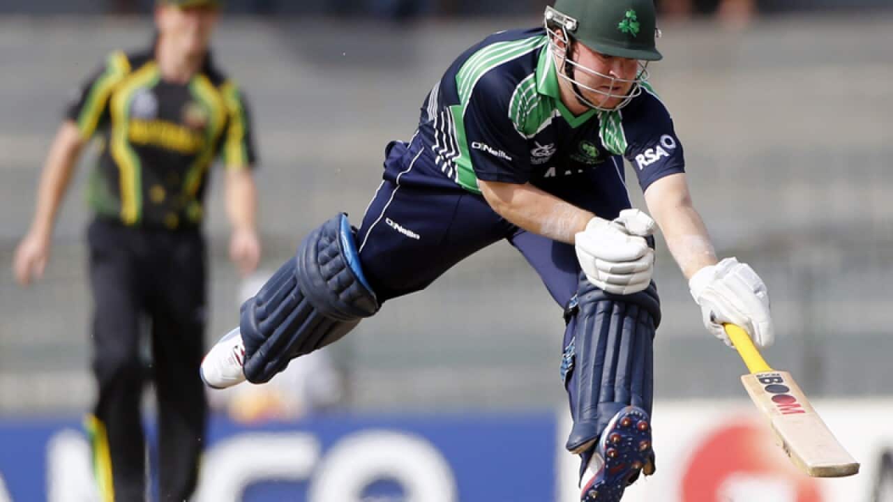 Ireland batsman Paul Stirling scores a run against Australia