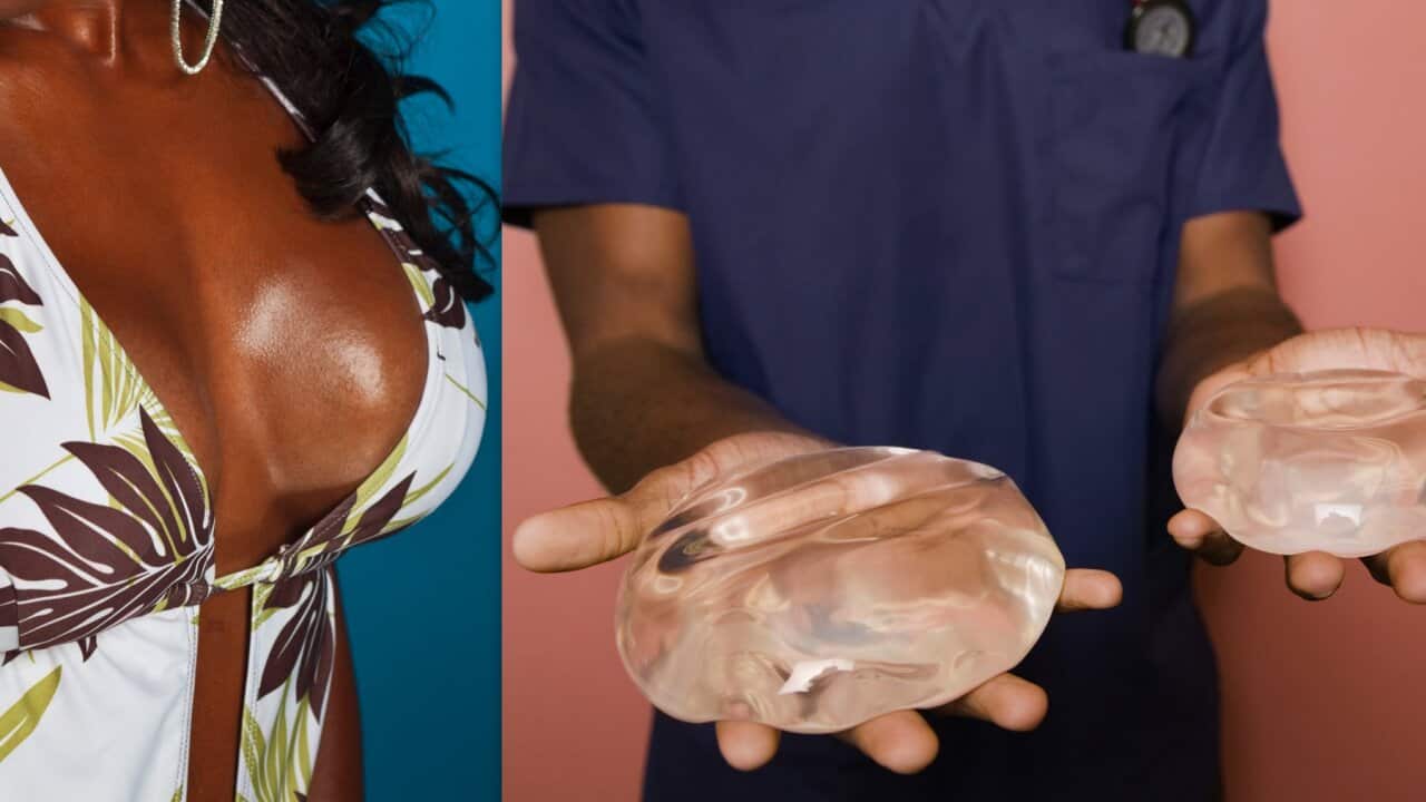 Left: a female showing part of breast impants scar, while on the right a male nurse holds breasts implant.