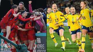 A split image. On the left are members of the Spanish women's football team hugging and cheering. On the right are members of Sweden's team running on the field with excited looks on their faces and their arms outstretched.