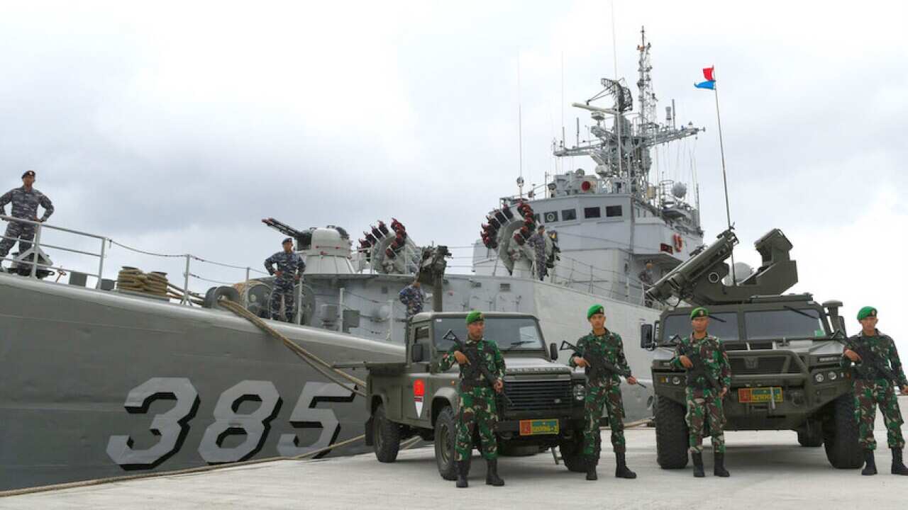 An Indonesian warship docks at the Ranai Naval base in Riau Islands province before its deployment to the North Natuna Sea on Friday, 03 Jan 20.
