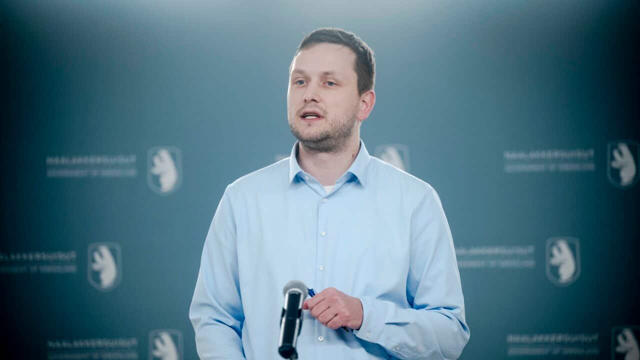 Greenland's Prime Minister Jens-Frederik Nielsen holds a press conference in Nuuk