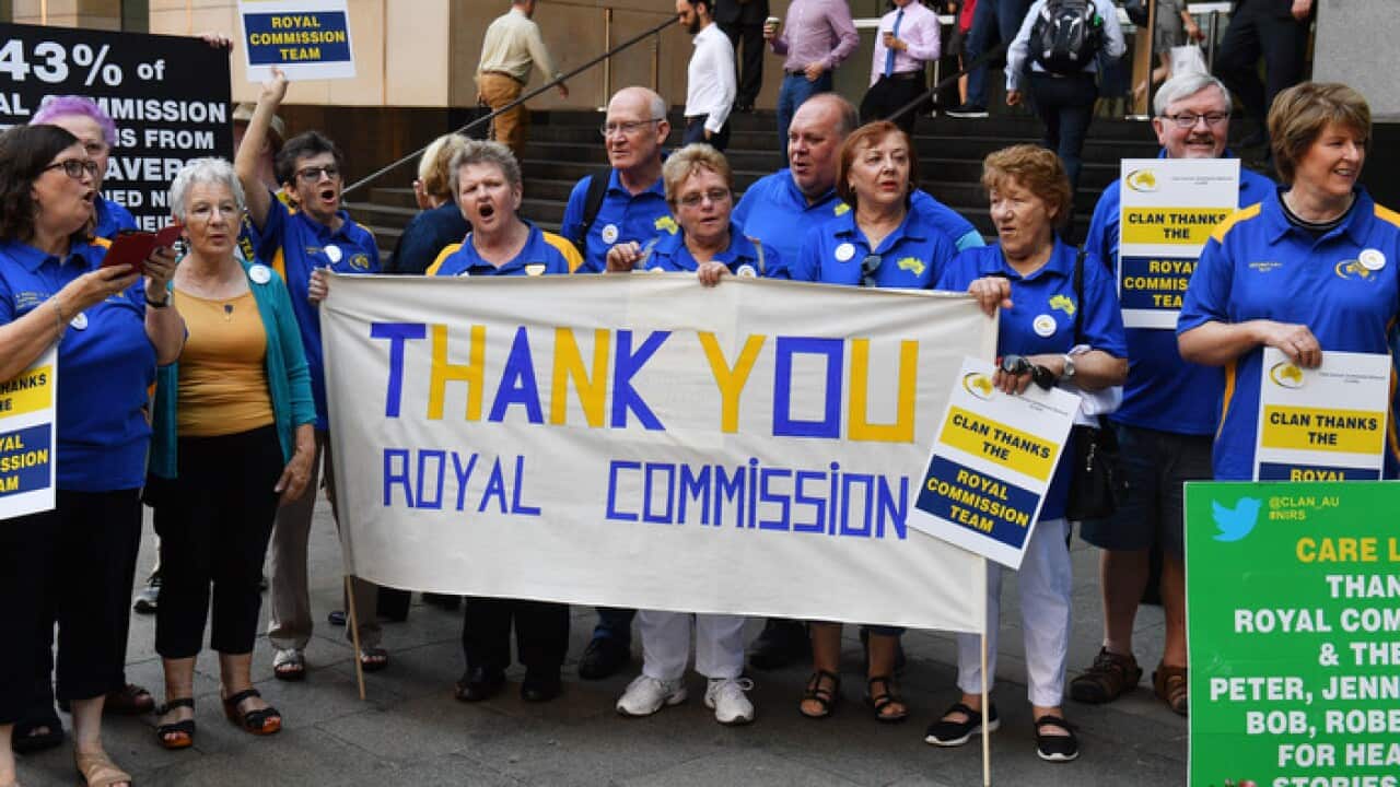 Supporters of the victims of child sexual abuse at the final public hearing to mark the end of Child abuse royal commission in Sydney.