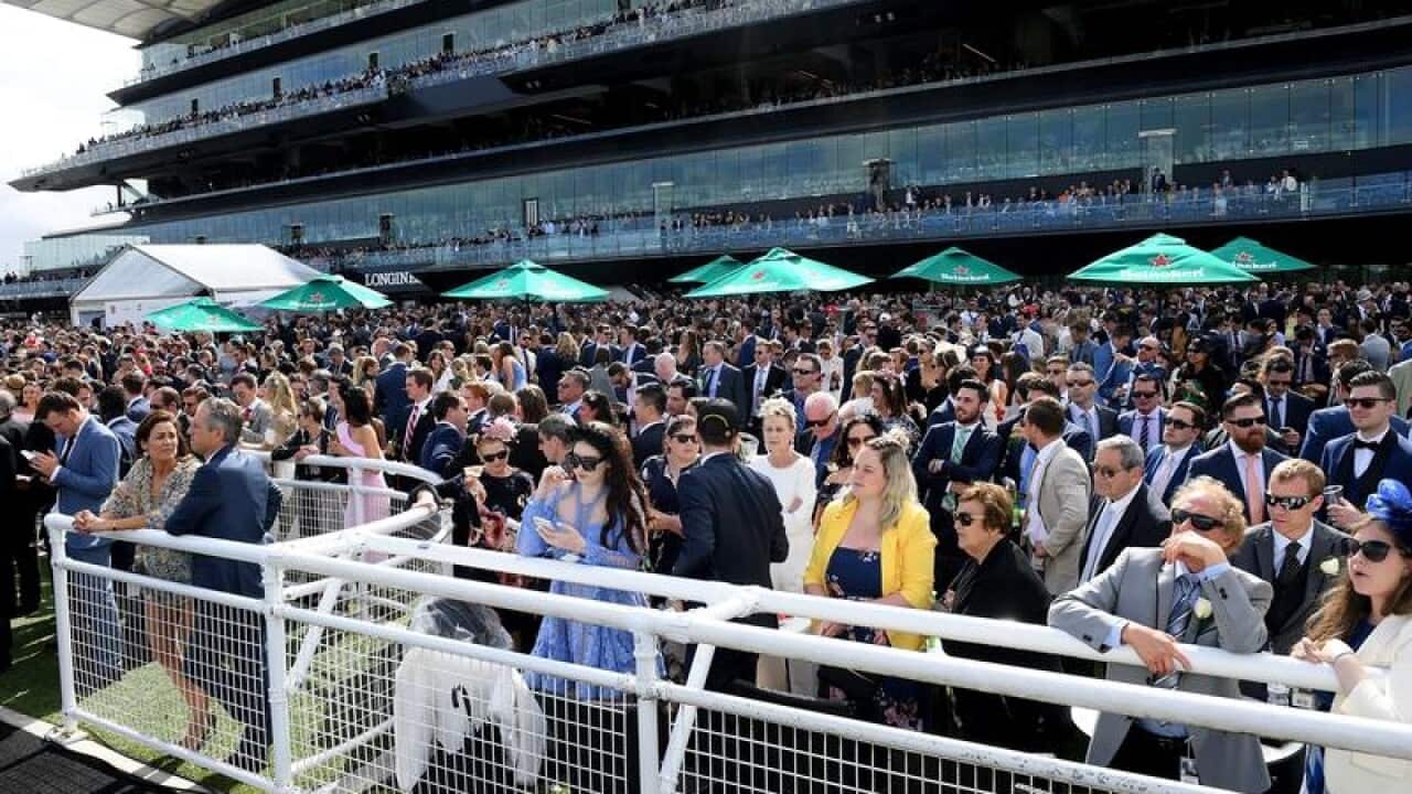 Racing fans at Randwick racecourse on Everest Day.