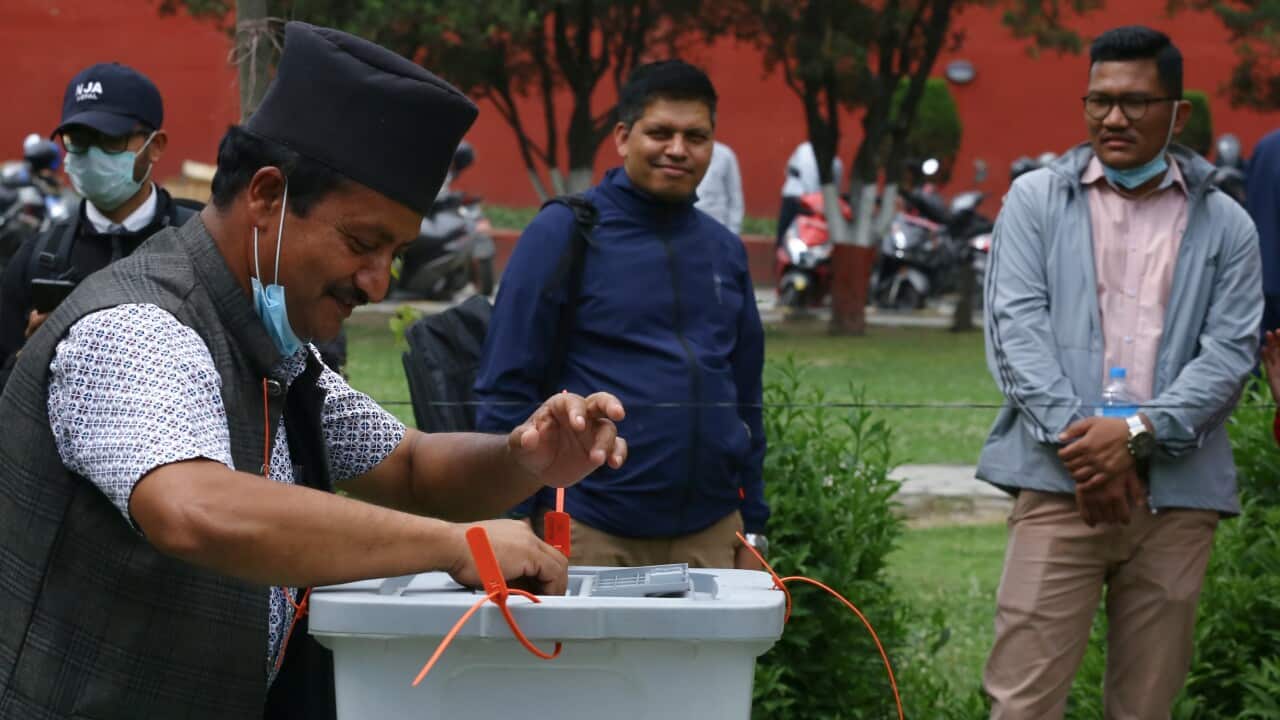 On May 7, 2022 in Kathmandu, Nepal.A man takes part during dummy voting or voting practice ahead of upcoming local level election in Nepal.Dummy voting was organized by Election Commission Nepal.