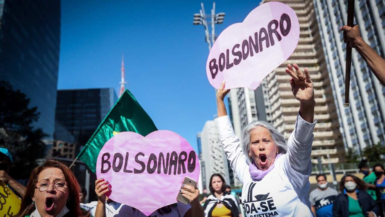 Supporters of Brazilian President Jair Bolsonaro protest in Sao Pablo, Brazil.