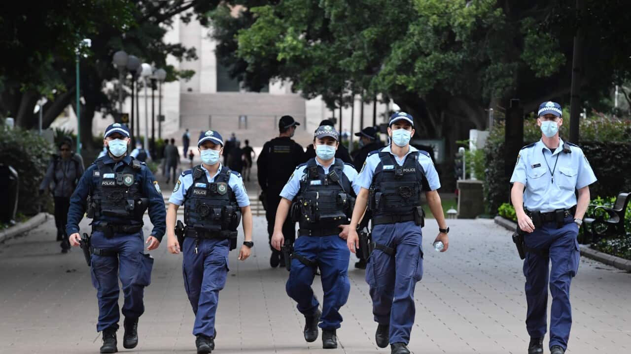 NSW Police patrol Hyde Park in anticipation of the rally.
