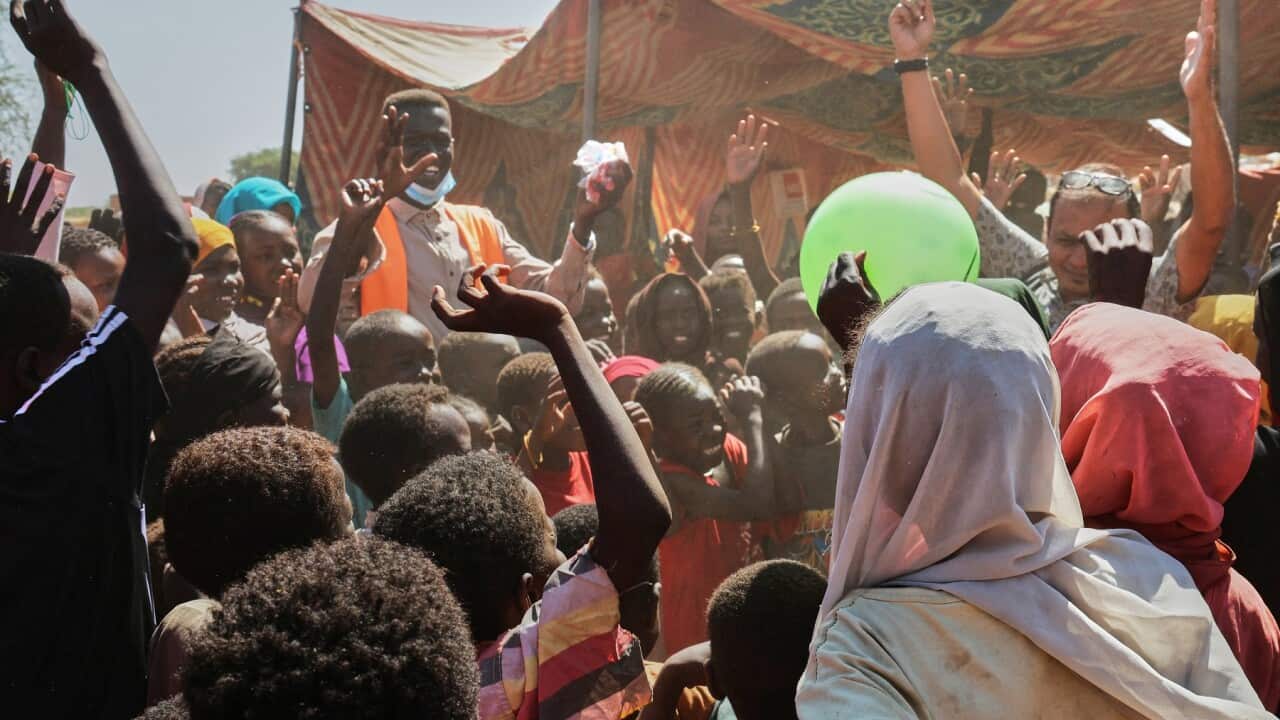 Displaced children from el-Fasher playing at a camp where they sought refuge from fighting between government forces and the RSF (AAP)