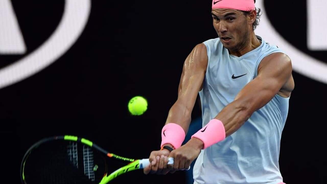 Rafael Nadal of Spain in action against Victor Estrella Burgos