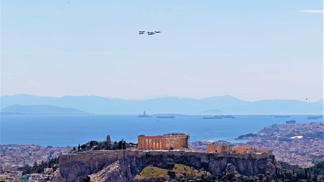 Aircrafts fly above Acropolis Hill during the multinational exercise in Athens, Greece, 2021. EPA/ALEXANDROS VLACHOS