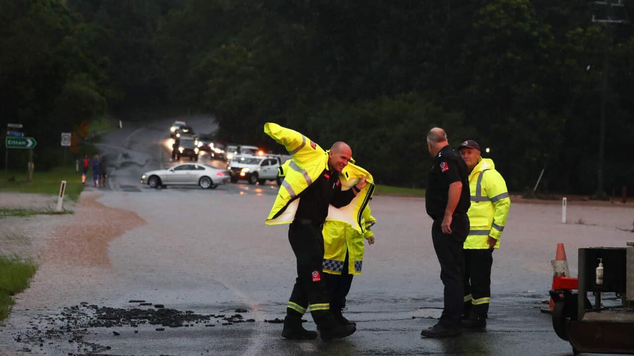 A section of the Bruxner Highway on the outskirts of Lismore, New South Wales, is seen flooded.