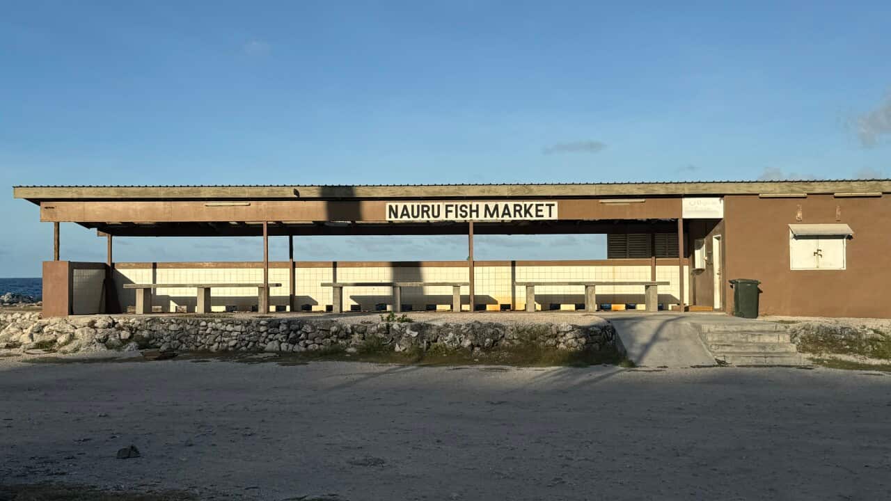 A wooden structure that says Nauru fish market