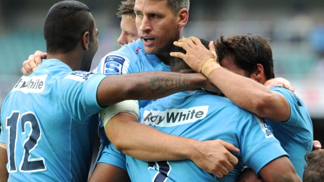 Waratahs celebrate with teammates.