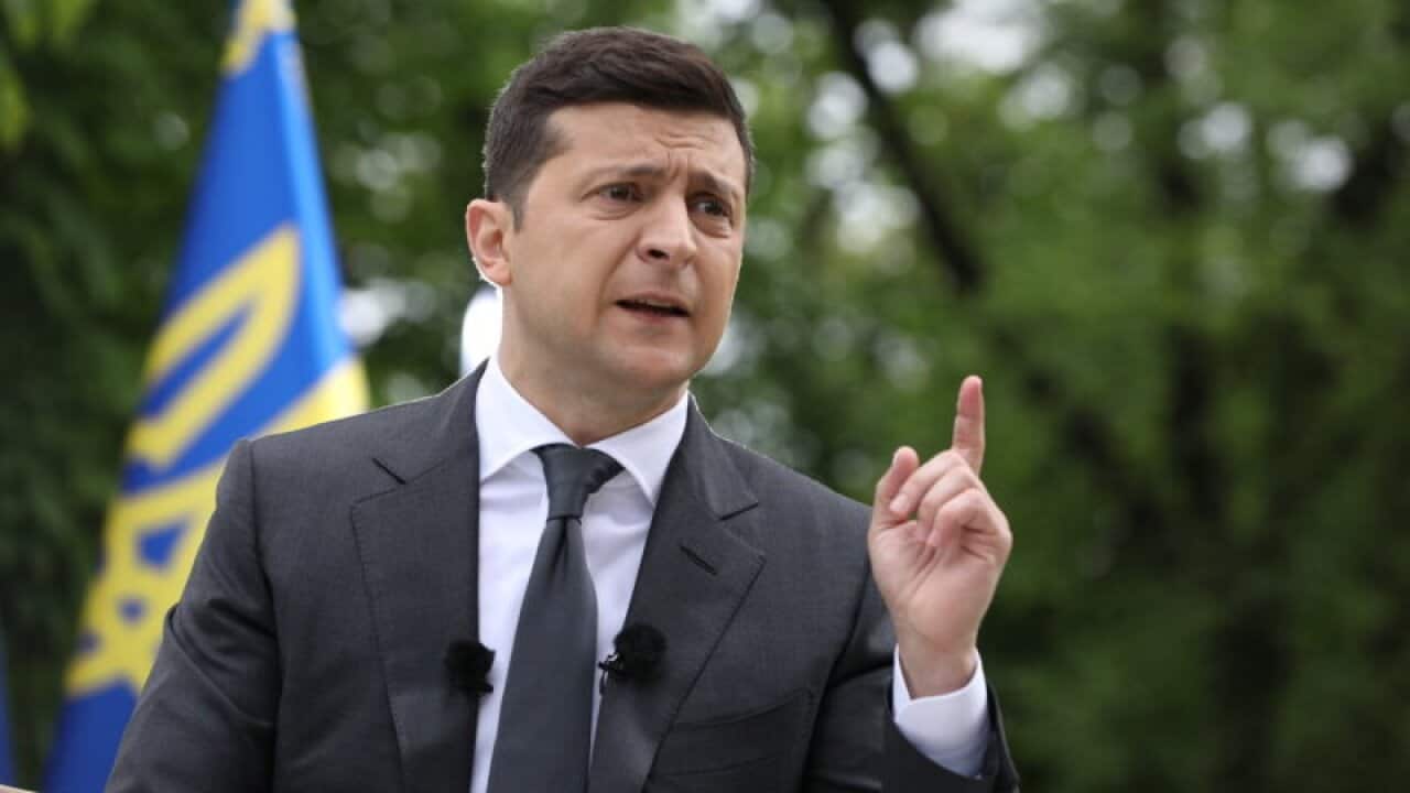 President Volodymyr Zelensky gives a press conference about his first year in office in Kyiv on May 20, 2020.