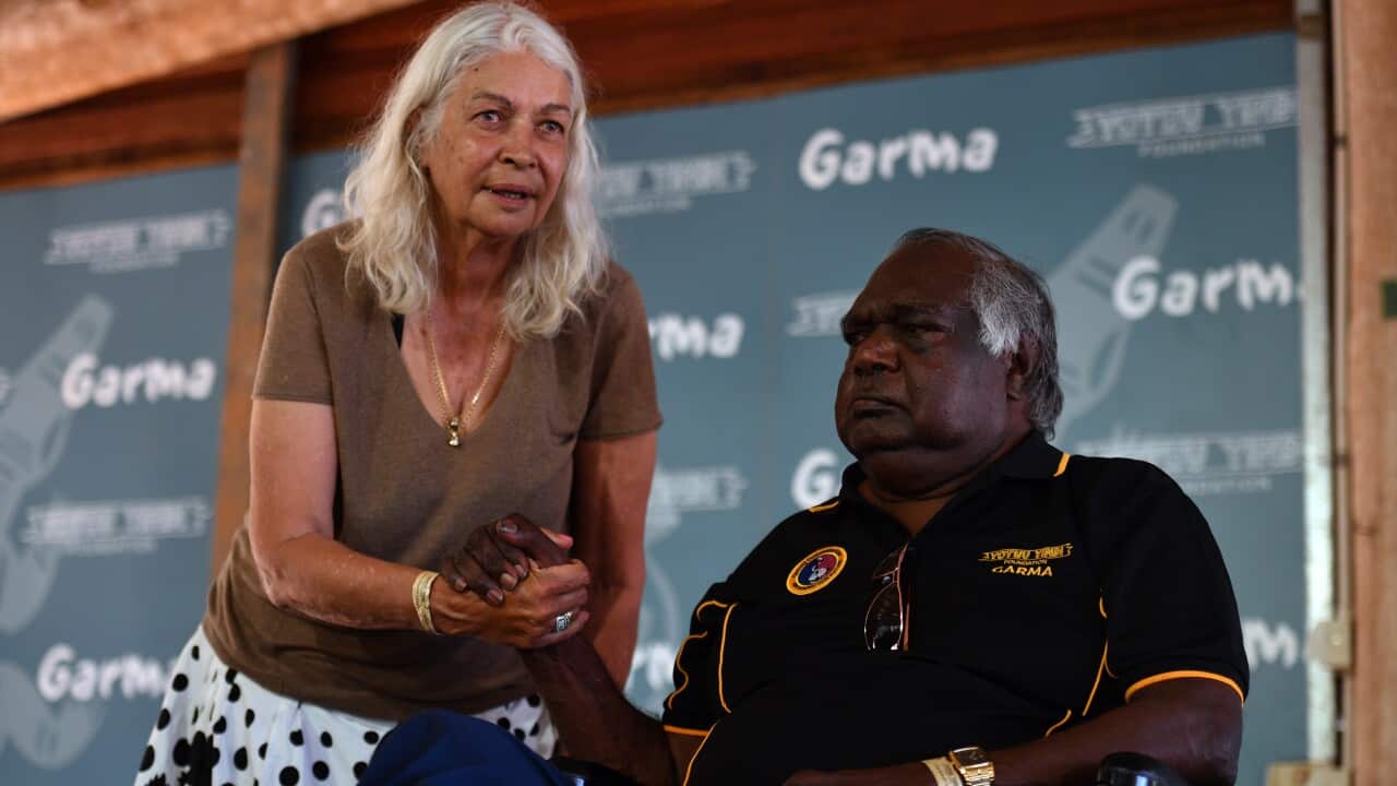 Professor Marcia Langton and Gumatj elder Galarrwuy Yunupingu at the Garma Festival in 2018. 