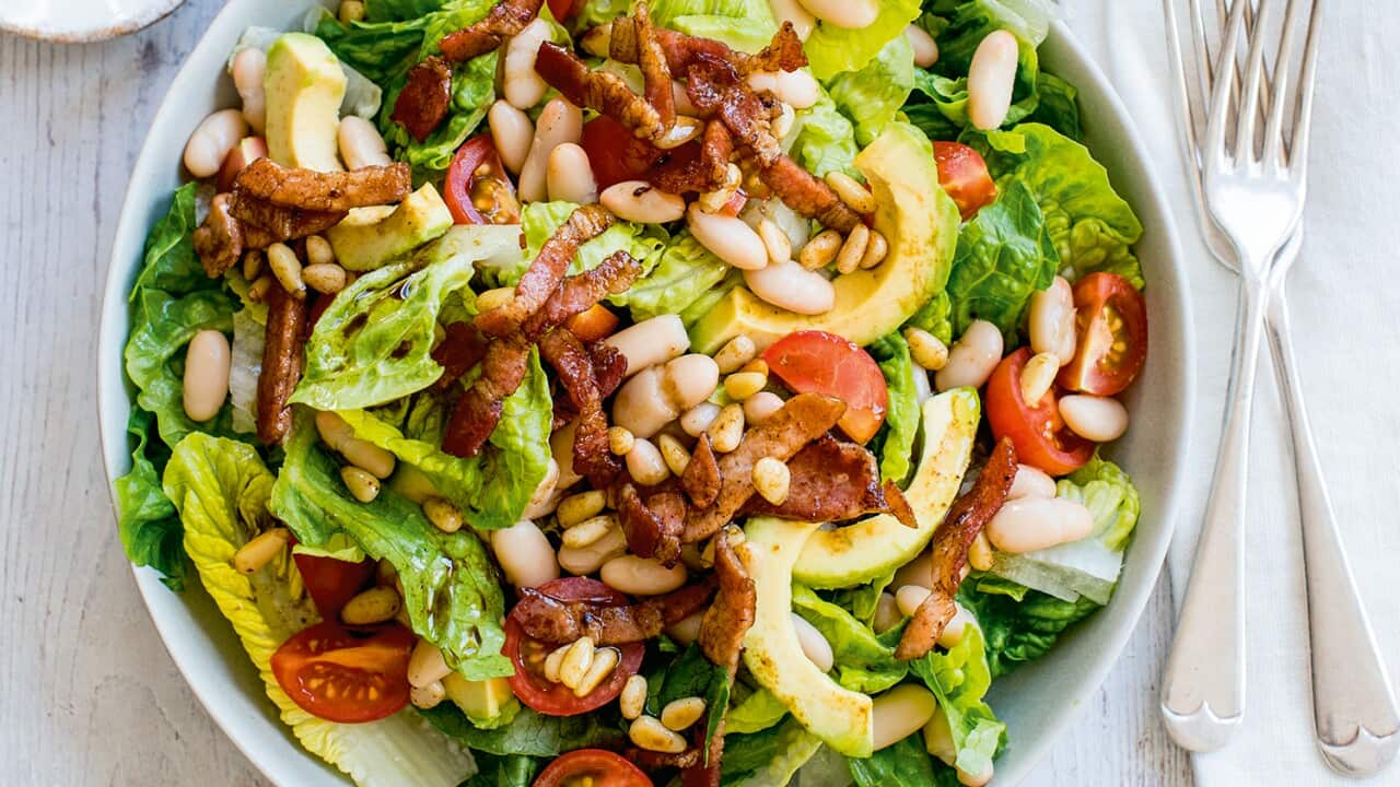 Avocado, crispy bacon and white bean salad