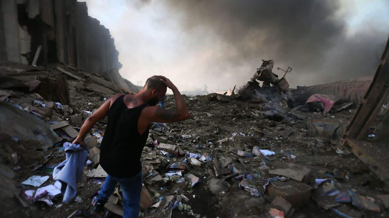 The scene of an explosion at the port in the Lebanese capital Beirut on August 4, 2020.