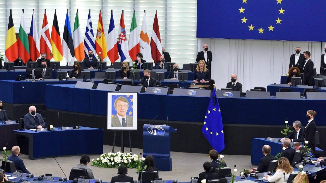 Roberta Metsola attends a tribute to the late President of the European Parliament, David Sassoli, at the European Parliament in Strasbourg, France, on January 17, 2022.