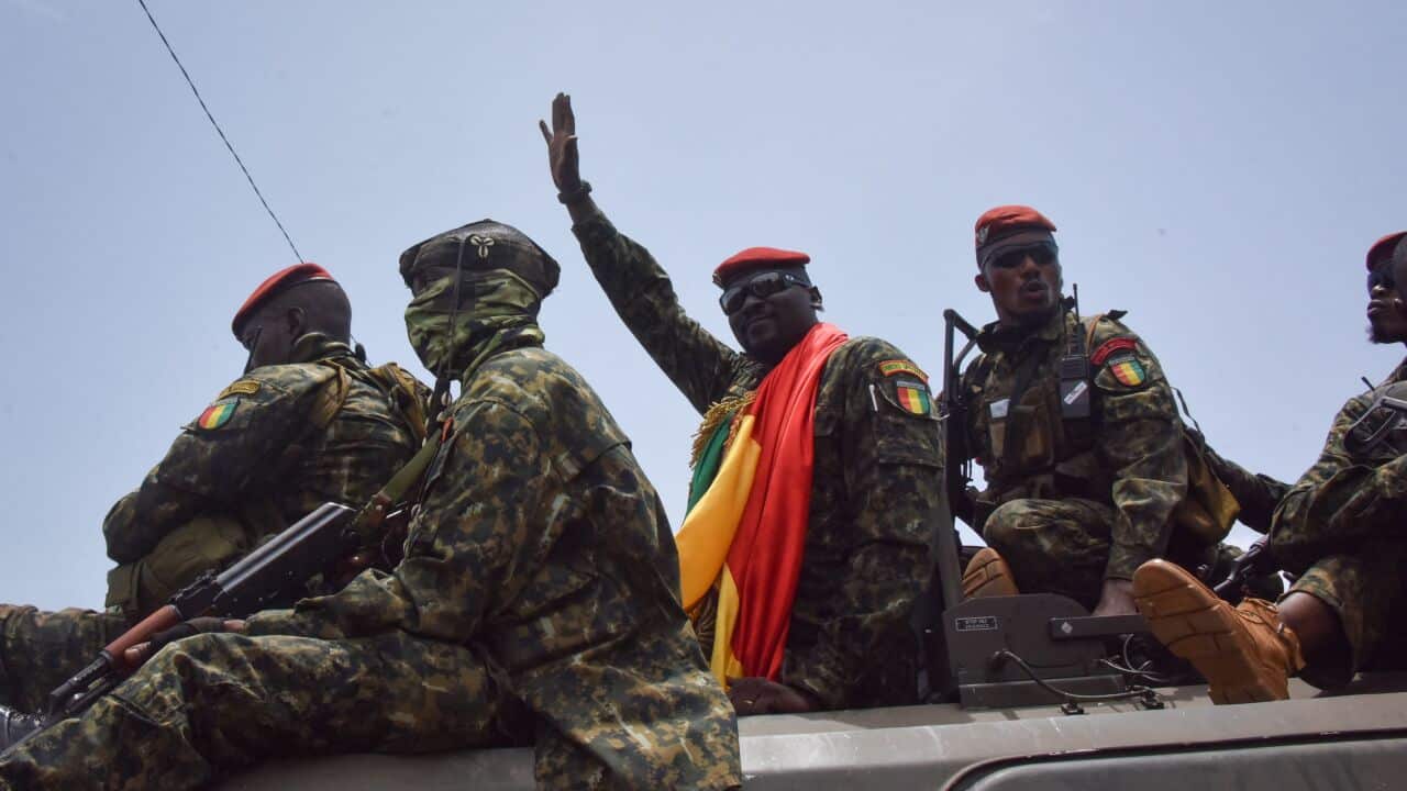 Lieutenant Colonel Mamady Doumbouya, head of the Army's special forces and coup leader, arrives at the Palace of the People in Conak, Guinea.