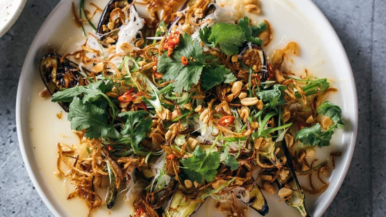 Chargrilled eggplant, daikon, nuoc mam cham SBS The Cook Up with Adam