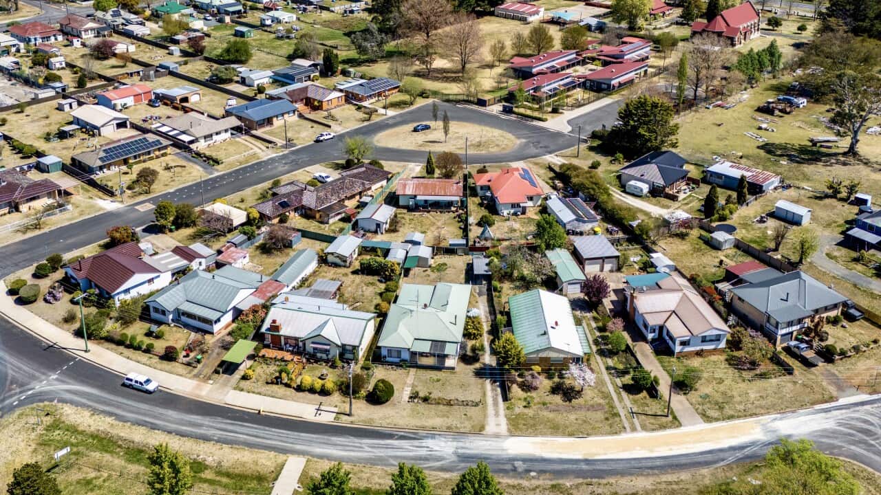 An aerial view of a town.