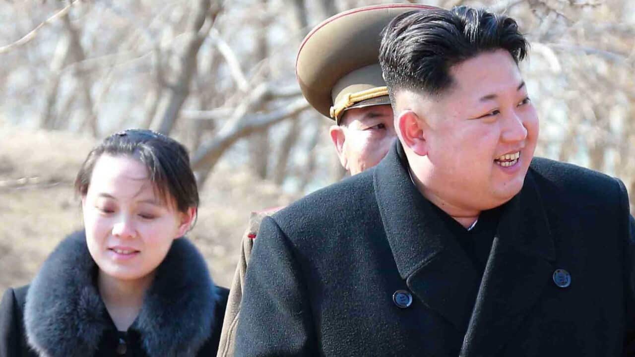 North Korean leader Kim Jong-un (R) and Kim's younger sister Kim Yo-jong (L) touring a military unit on an island off the North Korean mainland.