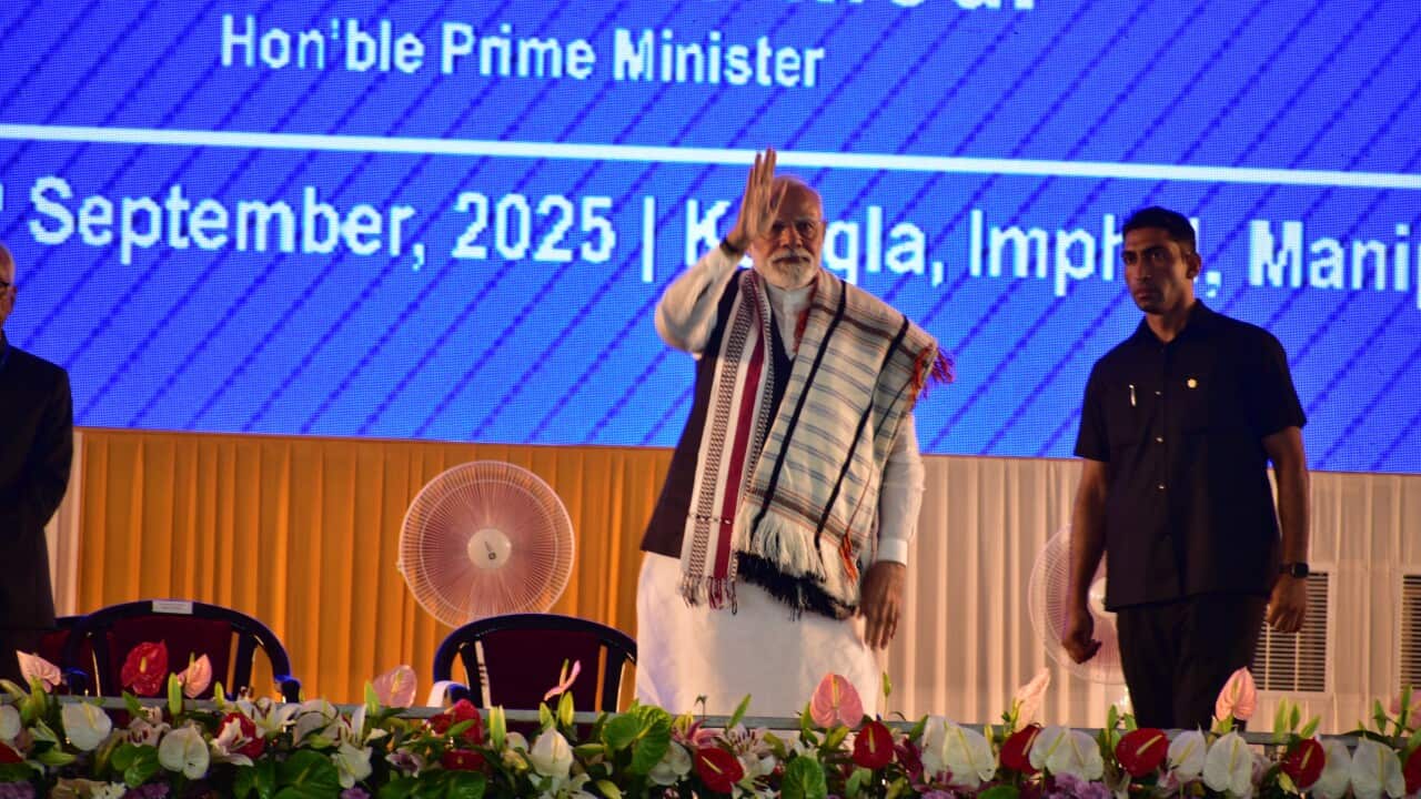 Indian Prime Minister Narendra Modi attends the foundation stone laying of multiple development projects at Imphal