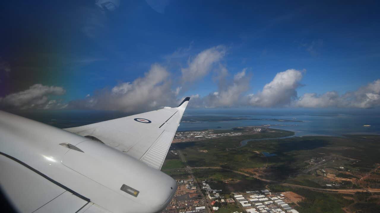 View from an airplane approaching approaching Darwin airport in Darwin, Thursday, April 18, 2019. (AAP Image/Lukas Coch) NO ARCHIVING